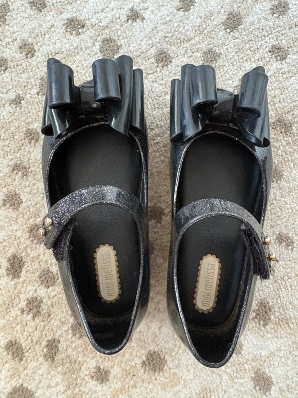 Mini Melissa Black Glitter Bow Mary Jane Flats with Studded Strap